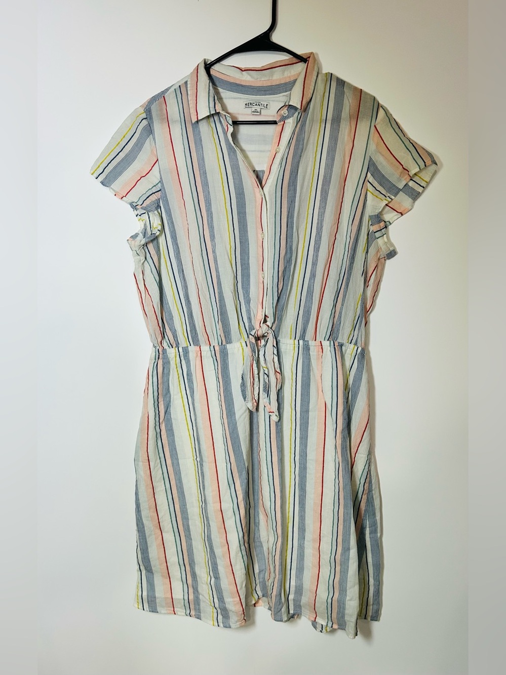 J.Crew Mercantile Rainbow Stripe Tie Front Shirt Dress XL Cotton Blend